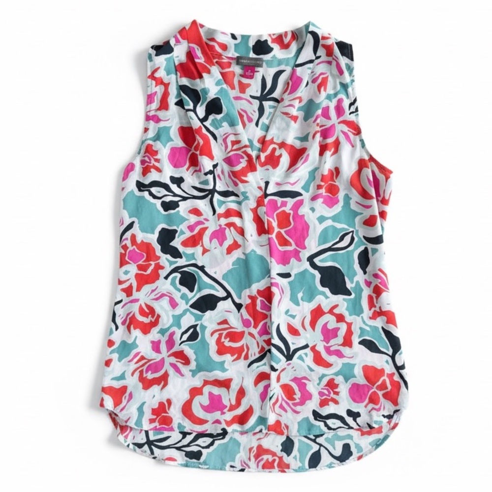 Vince Camuto Floral Sleeveless Blouse Teal Pink Red V-Neck Flowy Resort Top S